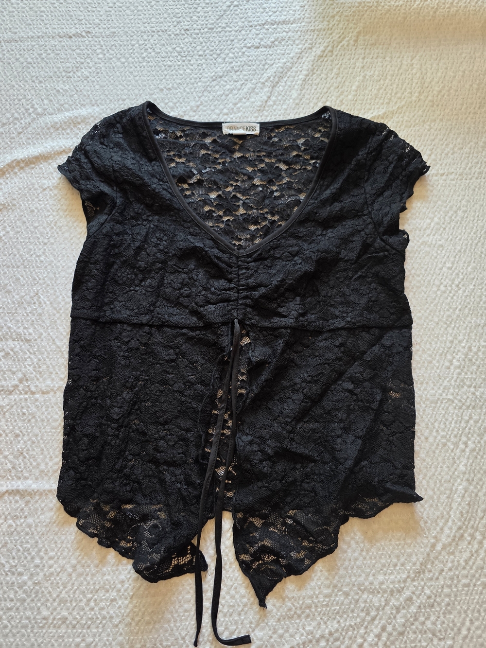 Black Lace V-Neck Tie-Front Blouse - Orange Kiss L - Picture 1 of 3
